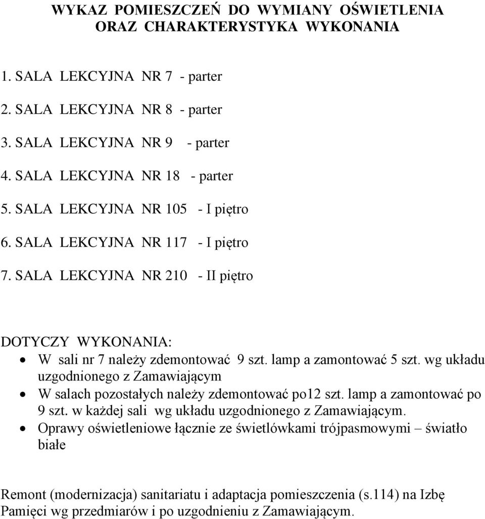 SALA LEKCYJNA NR 10 - II piętro DOTYCZY WYKONANIA: W sali nr 7 należy zdeontować 9 lap a zaontować 5 wg układu uzgodnionego z Zaawiający W salach pozostałych należy zdeontować