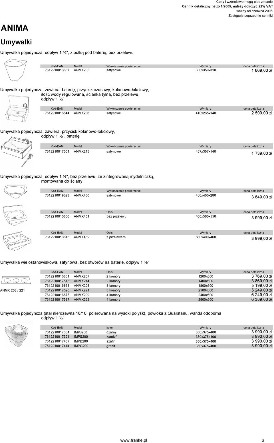 7612210016844 ANMX206 satynowe 410x265x140 2 509,00 z Umywalka pojedyncza, zawiera: przycisk kolanowo- okciowy, odp yw 1 ½", bateri Kod-EAN Model Wyko czenie powierzchni Wymiary cena detaliczna