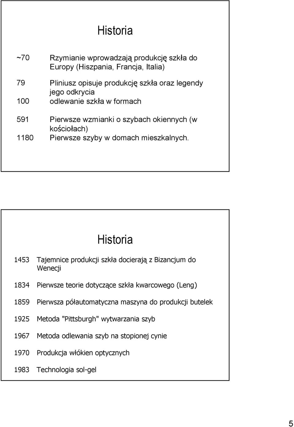 Historia 1453 Tajemnice produkcji szkła docierają z Bizancjum do Wenecji 1834 Pierwsze teorie dotyczące szkła kwarcowego (Leng) 1859 Pierwsza