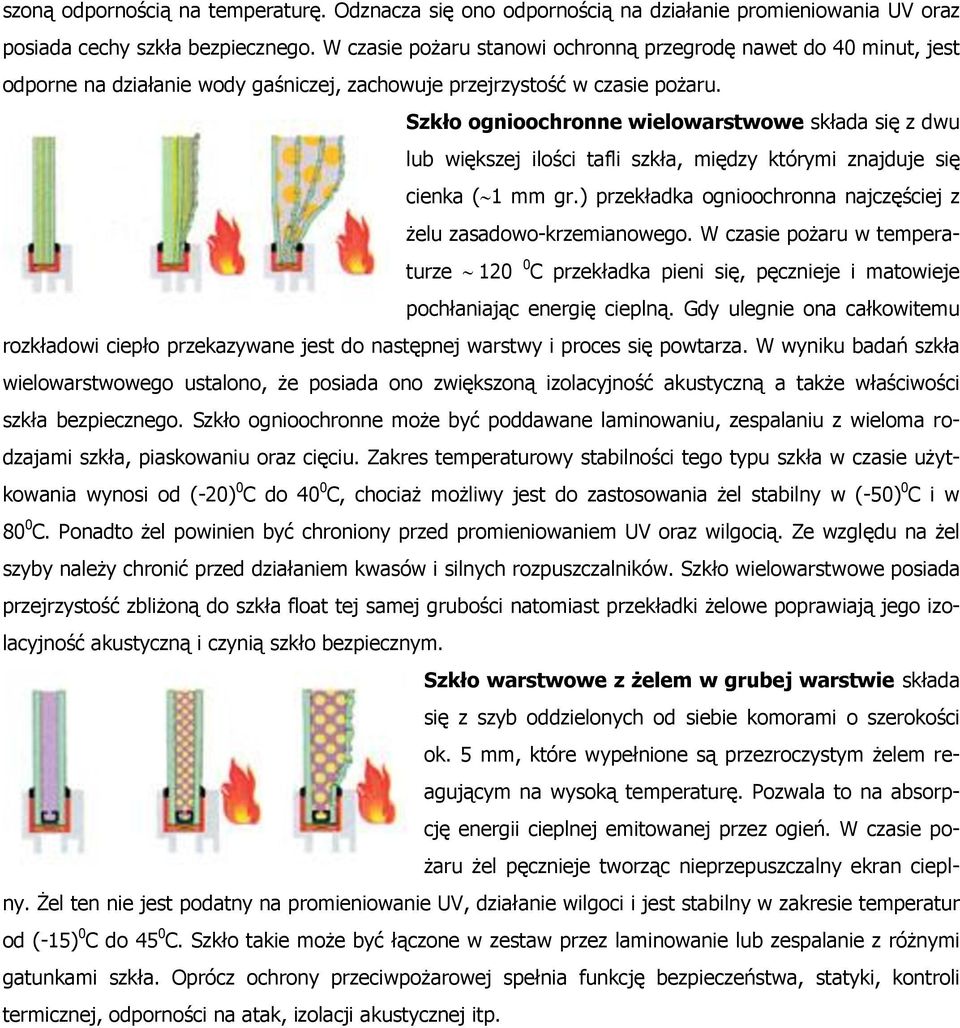Szkło ognioochronne wielowarstwowe składa się z dwu lub większej ilości tafli szkła, między którymi znajduje się cienka ( 1 mm gr.) przekładka ognioochronna najczęściej z żelu zasadowo-krzemianowego.