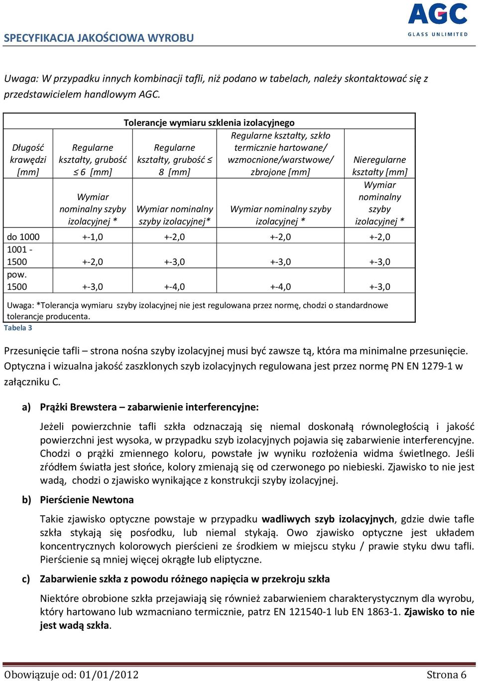 Regularne kształty, szkło termicznie hartowane/ wzmocnione/warstwowe/ zbrojone Wymiar nominalny szyby izolacyjnej * Nieregularne kształty Wymiar nominalny szyby izolacyjnej * do 1000 +-1,0 +-2,0