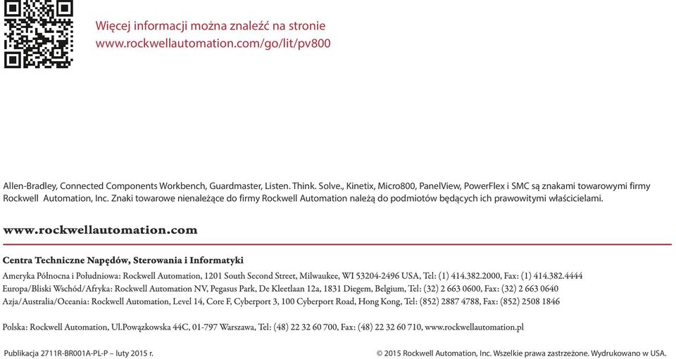 , Kinetix, Micro800, PanelView, PowerFlex i SMC są znakami towarowymi firmy Rockwell Automation, Inc.