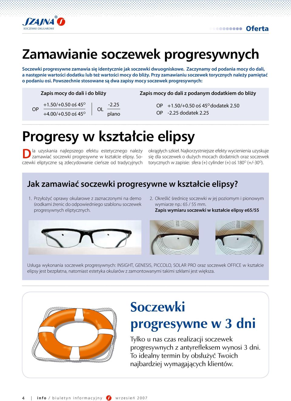 Powszechnie stosowane są dwa zapisy mocy soczewek progresywnych: OP Zapis mocy do dali i do bliży +1.50/+0.50 oś 45O OL -2.25 +4.00/+0.