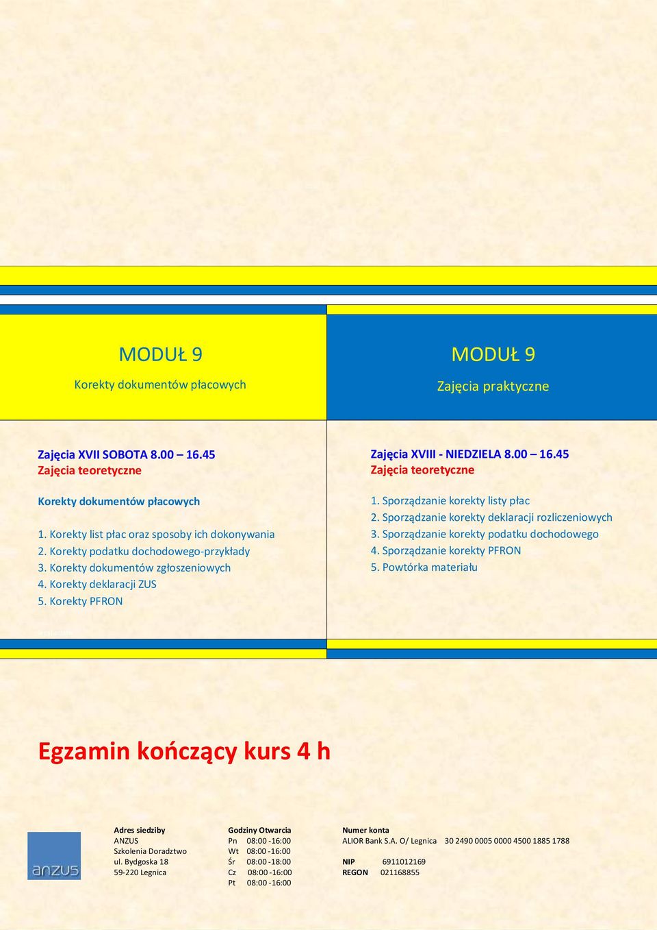 Korekty deklaracji ZUS 5. Korekty PFRON Zajęcia XVIII - NIEDZIELA 8.00 16.45 1. Sporządzanie korekty listy płac 2.