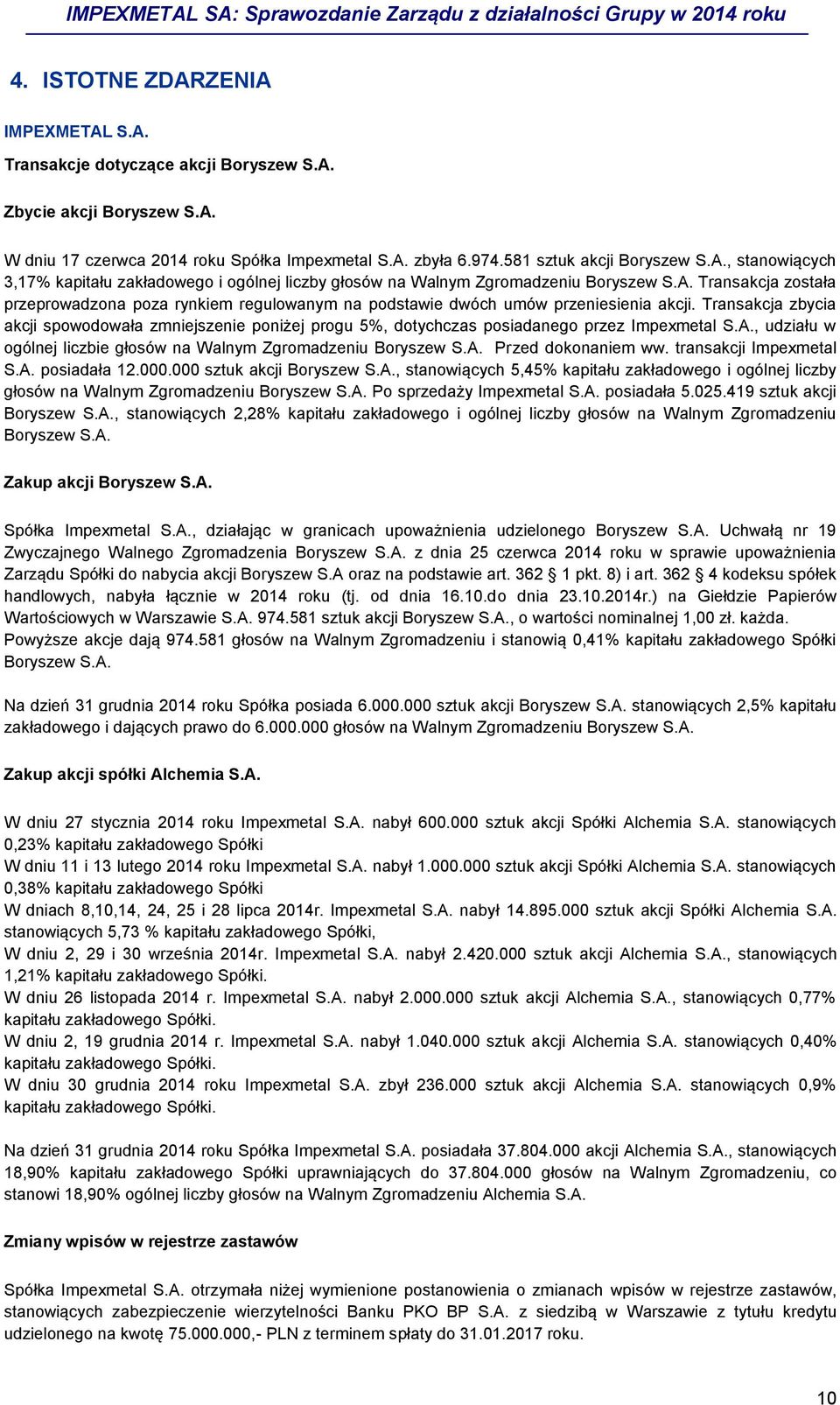 Transakcja zbycia akcji spowodowała zmniejszenie poniżej progu 5%, dotychczas posiadanego przez Impexmetal S.A., udziału w ogólnej liczbie głosów na Walnym Zgromadzeniu Boryszew S.A. Przed dokonaniem ww.