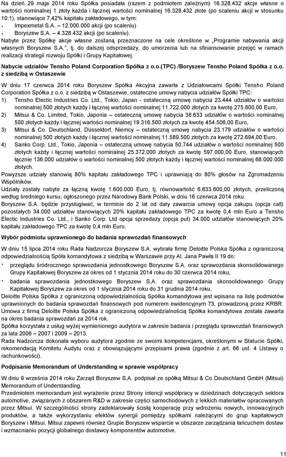 A., tj. do dalszej odsprzedaży, do umorzenia lub na sfinansowanie przejęć w ramach realizacji strategii rozwoju Spółki i Grupy Kapitałowej. Nabycie udziałów Tensho Poland Corporation Spółka z o.o.(tpc) /Boryszew Tensho Poland Spółka z o.