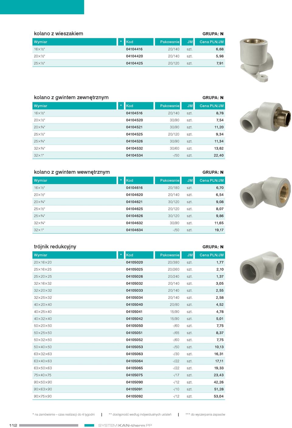 22,40 kolano z gwintem wewnętrznym 16 ½" 04104616 20/180 szt. 6,70 20 ½" 04104620 20/140 szt. 6,54 20 ¾" 04104621 30/120 szt. 9,08 25 ½" 04104625 20/120 szt. 8,07 25 ¾" 04104626 30/120 szt.