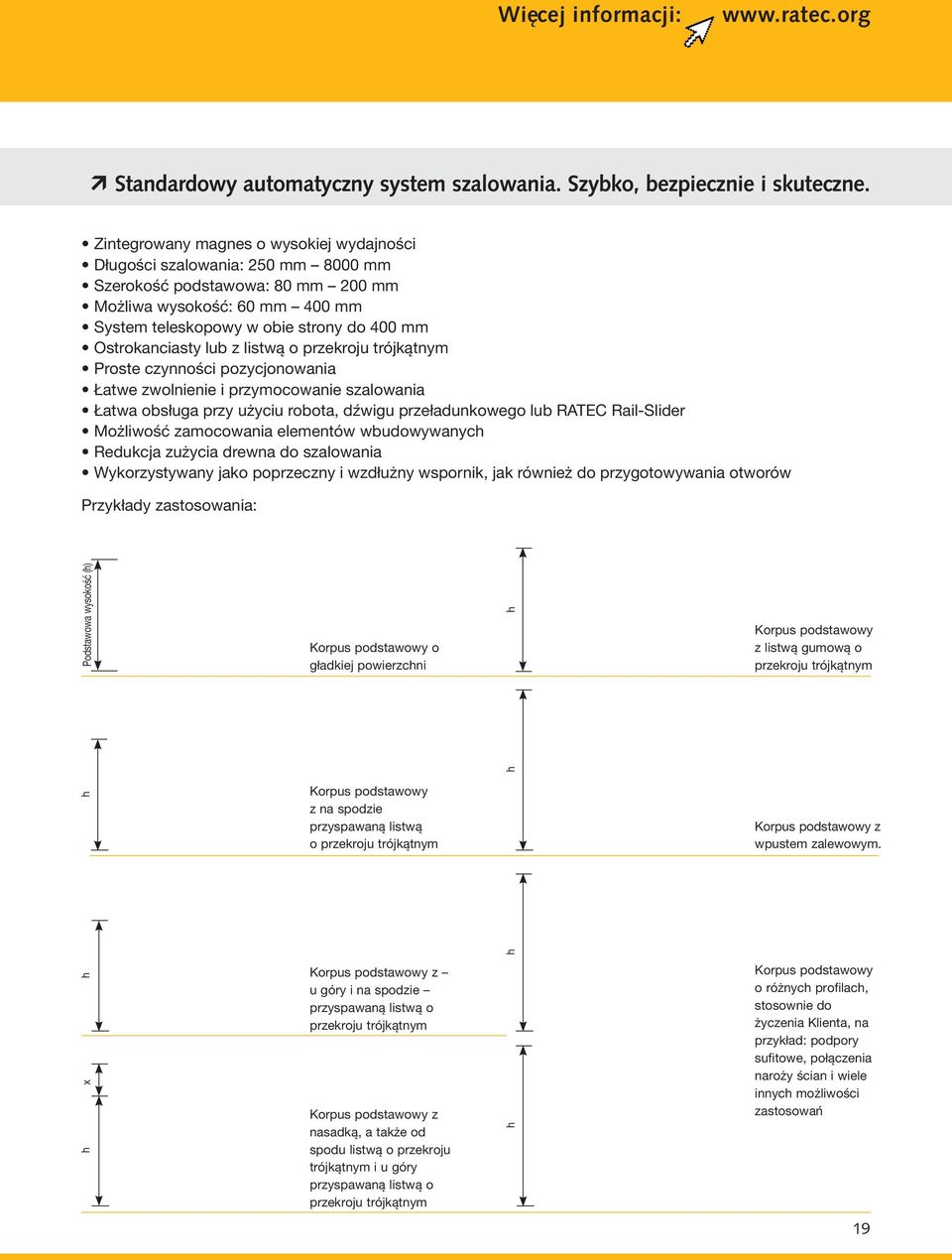 Ostrokanciasty lub z listwą o przekroju trójkątnym Proste czynności pozycjonowania Łatwe zwolnienie i przymocowanie szalowania Łatwa obsługa przy użyciu robota, dźwigu przeładunkowego lub RATEC