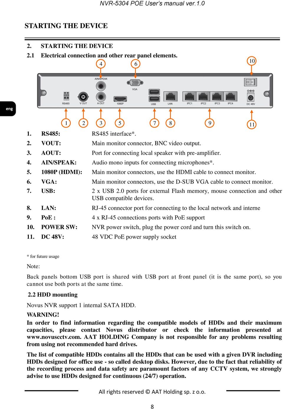 1080P (HDMI): Main monitor connectors, use the HDMI cable to connect monitor. 6. VGA: Main monitor connectors, use the D-SUB VGA cable to connect monitor. 7. USB: 2 x USB 2.