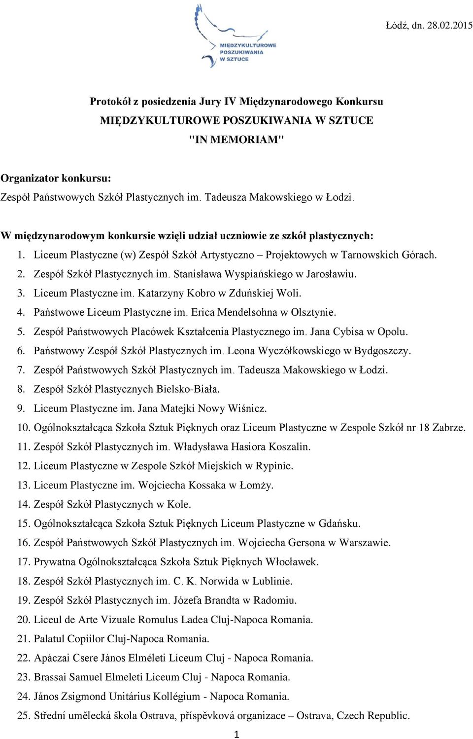 Zespół Szkół Plastycznych im. Stanisława Wyspiańskiego w Jarosławiu. 3. Liceum Plastyczne im. Katarzyny Kobro w Zduńskiej Woli. 4. Państwowe Liceum Plastyczne im. Erica Mendelsohna w Olsztynie. 5.