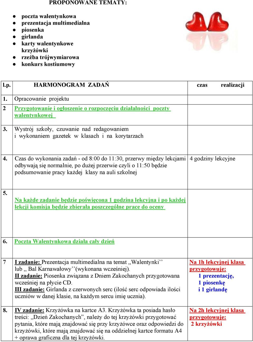 Czas do wykonania zadań - od 8:00 do 11:30, przerwy między lekcjami odbywają się normalnie, po duŝej przerwie czyli o 11:50 będzie podsumowanie pracy kaŝdej klasy na auli szkolnej 4 godziny lekcyjne