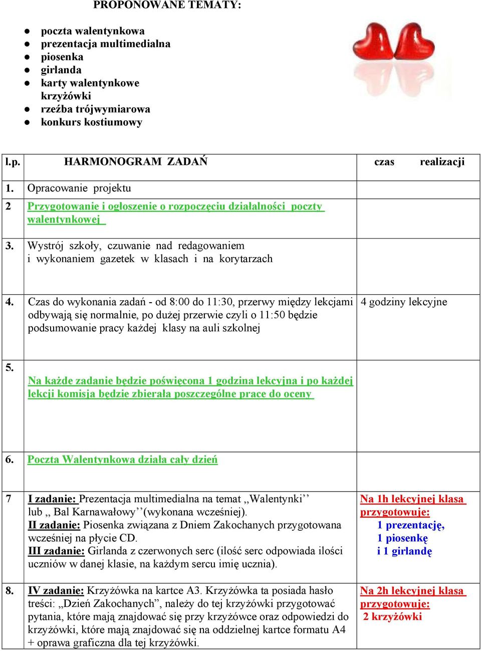 Czas do wykonania zadań - od 8:00 do 11:30, przerwy między lekcjami odbywają się normalnie, po duŝej przerwie czyli o 11:50 będzie podsumowanie pracy kaŝdej klasy na auli szkolnej 4 godziny lekcyjne