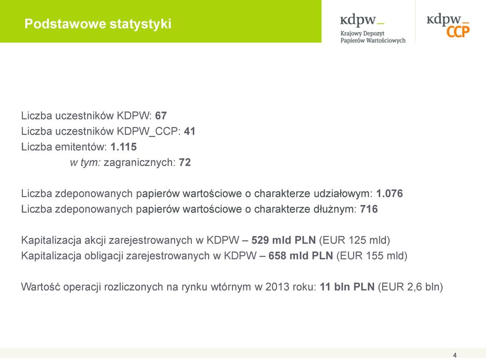 076 Liczba zdeponowanych papierów wartościowe o charakterze dłużnym: 716 Kapitalizacja akcji zarejestrowanych w KDPW 529 mld