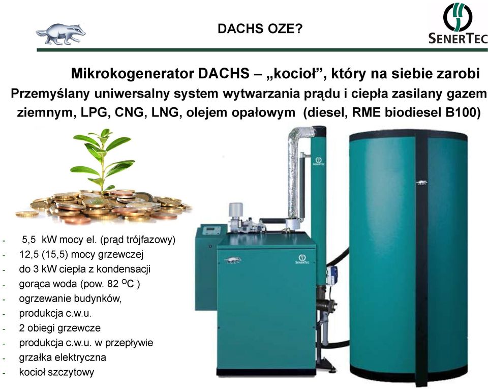 zasilany gazem ziemnym, LPG, CNG, LNG, olejem opałowym (diesel, RME biodiesel B100) - 5,5 kw mocy el.