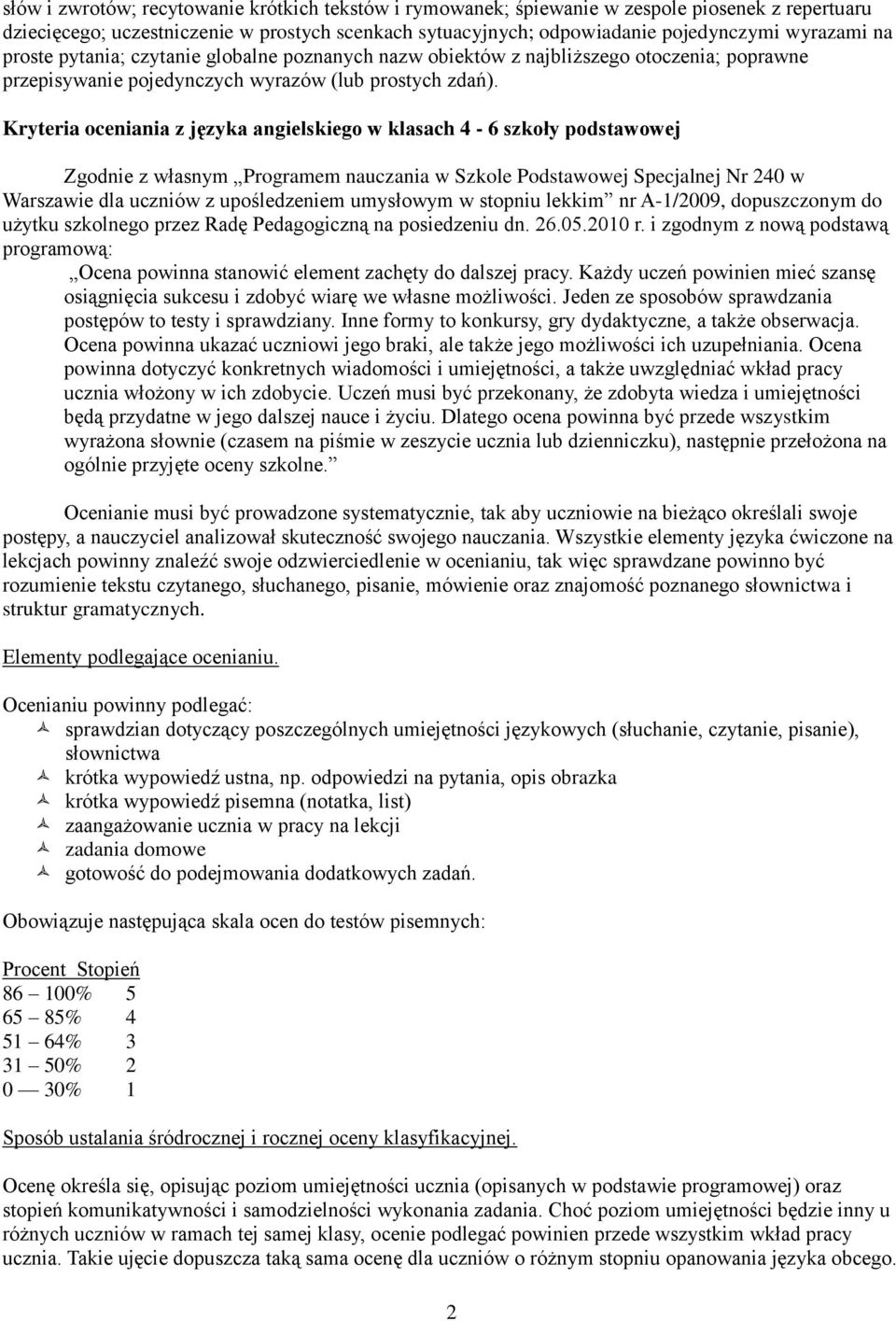 Kryteria oceniania z języka angielskiego w klasach 4-6 szkoły podstawowej Zgodnie z własnym Programem nauczania w Szkole Podstawowej Specjalnej Nr 240 w Warszawie dla uczniów z upośledzeniem