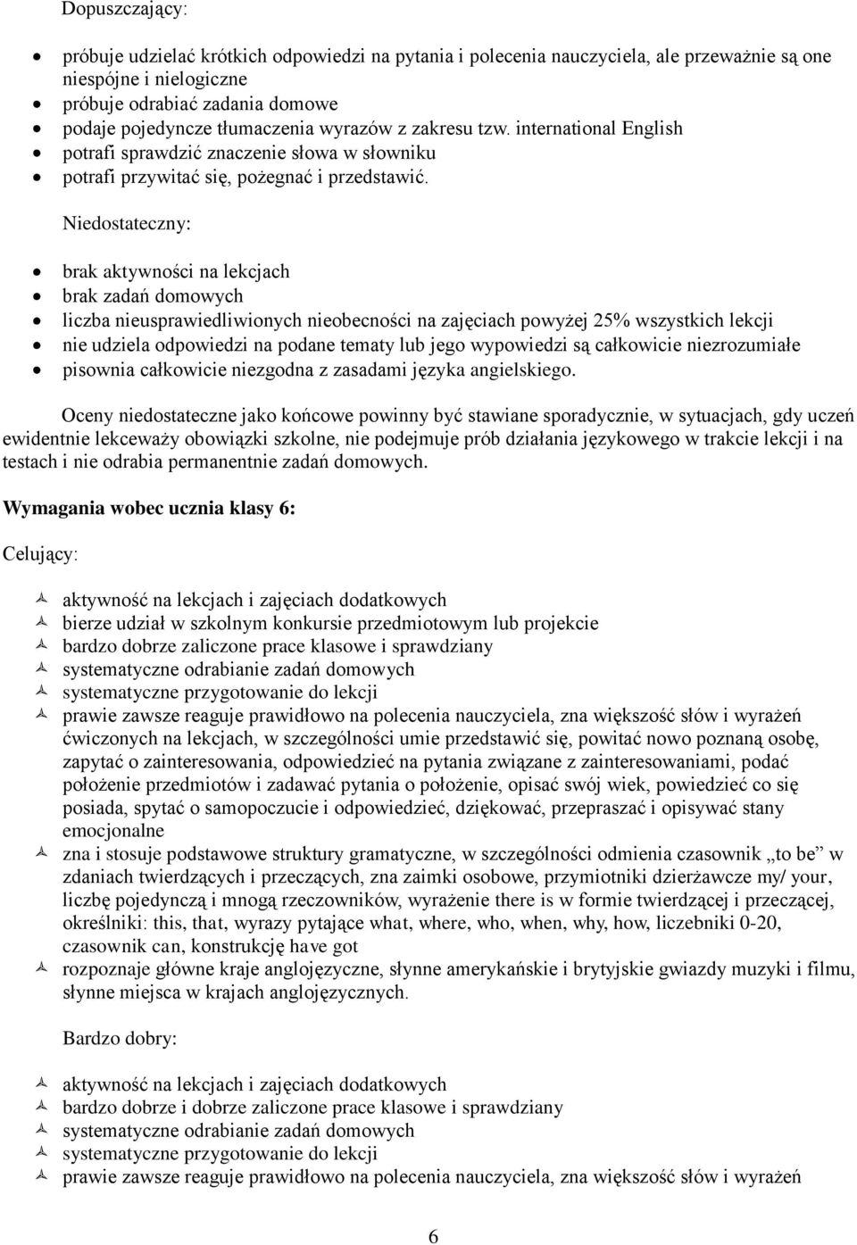 Niedostateczny: brak aktywności na lekcjach brak zadań domowych liczba nieusprawiedliwionych nieobecności na zajęciach powyżej 25% wszystkich lekcji nie udziela odpowiedzi na podane tematy lub jego