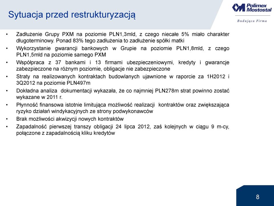 ubezpieczeniowymi, kredyty i gwarancje zabezpieczone na różnym poziomie, obligacje nie zabezpieczone Straty na realizowanych kontraktach budowlanych ujawnione w raporcie za 1H2012 i 3Q2012 na