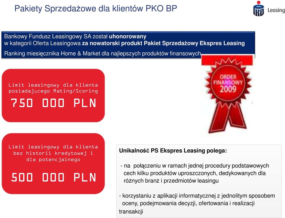 Limit leasingowy dla klienta posiadającego Rating/Scoring 750 000 PLN Limit leasingowy dla klienta bez historii kredytowej i dla potencjalnego 500 000 PLN Unikalność PS Ekspres