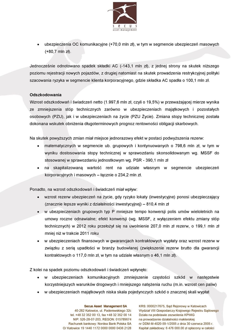 szacowania ryzyka w segmencie klienta korporacyjnego, gdzie składka AC spadła o 100,1 mln zł. Odszkodowania Wzrost odszkodowań i świadczeń netto (1.