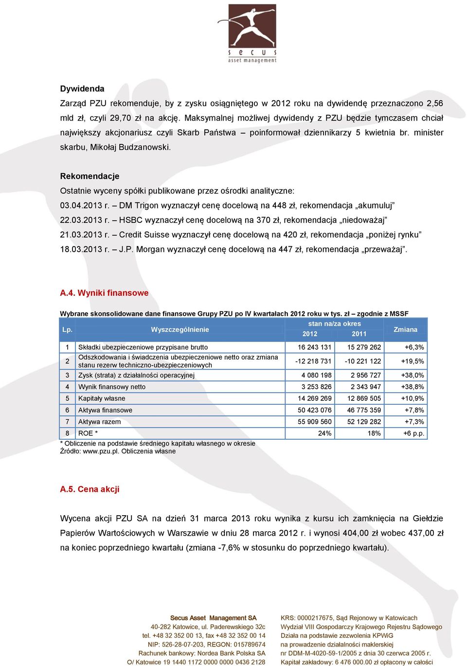 Rekomendacje Ostatnie wyceny spółki publikowane przez ośrodki analityczne: 03.04.2013 r. DM Trigon wyznaczył cenę docelową na 448 zł, rekomendacja akumuluj 22.03.2013 r. HSBC wyznaczył cenę docelową na 370 zł, rekomendacja niedoważaj 21.