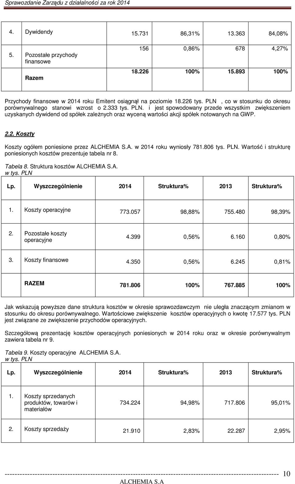 i jest spowodowany przede wszystkim zwiększeniem uzyskanych dywidend od spółek zależnych oraz wyceną wartości akcji spółek notowanych na GWP. 2.2. Koszty Koszty ogółem poniesione przez.