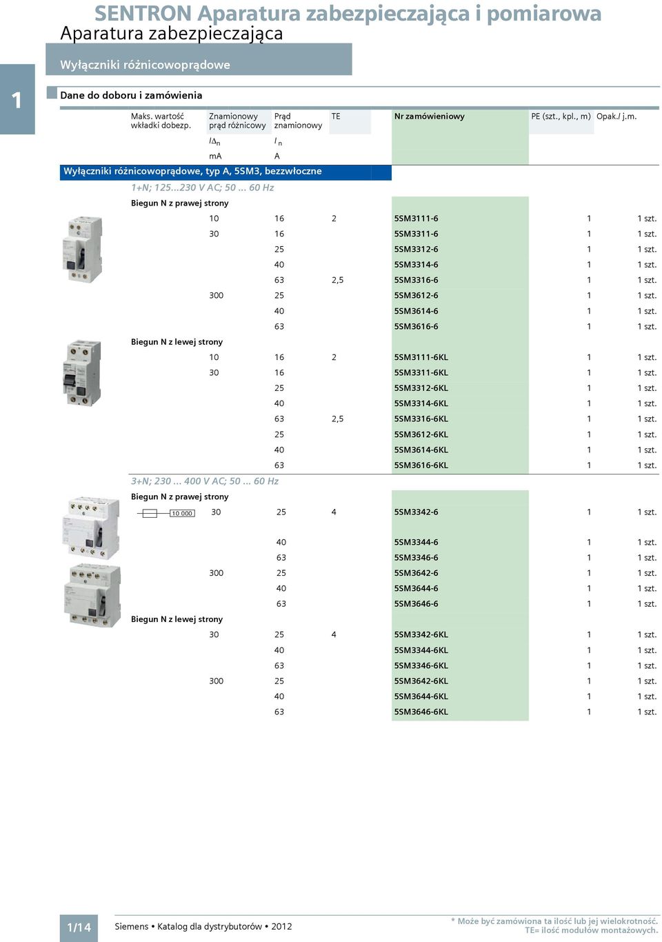 .. 60 Hz Biegun N z prawej strony 10 16 2 5SM3111-6 1 1 szt. 30 16 5SM3311-6 1 1 szt. 25 5SM3312-6 1 1 szt. 40 5SM3314-6 1 1 szt. 63 2,5 5SM3316-6 1 1 szt. 300 25 5SM3612-6 1 1 szt.