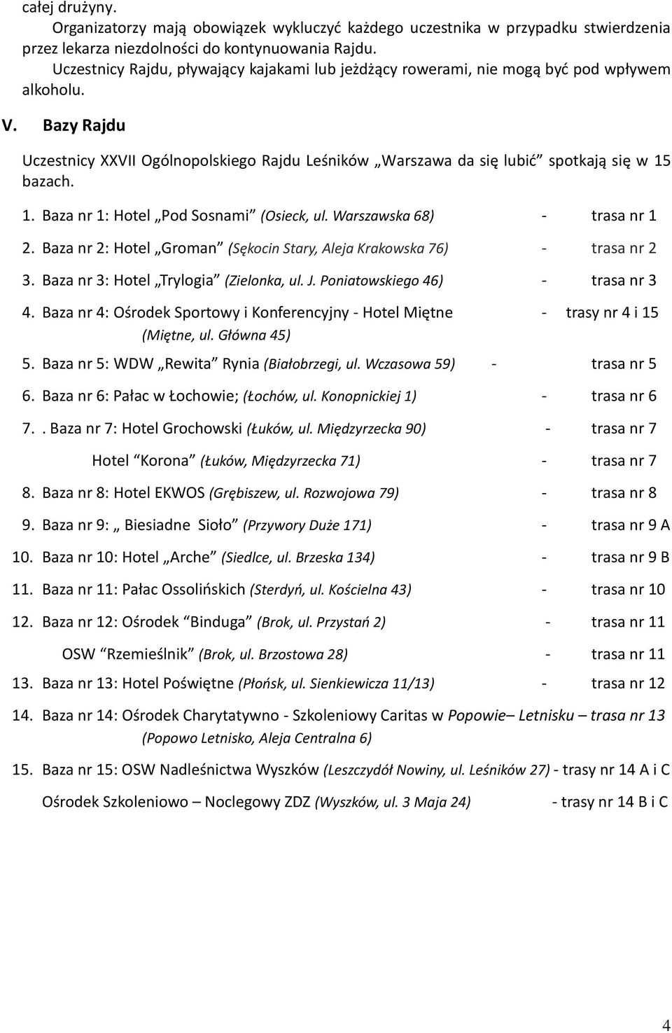 Bazy Rajdu Uczestnicy XXVII Ogólnopolskiego Rajdu Leśników Warszawa da się lubić spotkają się w 15 bazach. 1. Baza nr 1: Hotel Pod Sosnami (Osieck, ul. Warszawska 68) - trasa nr 1 2.