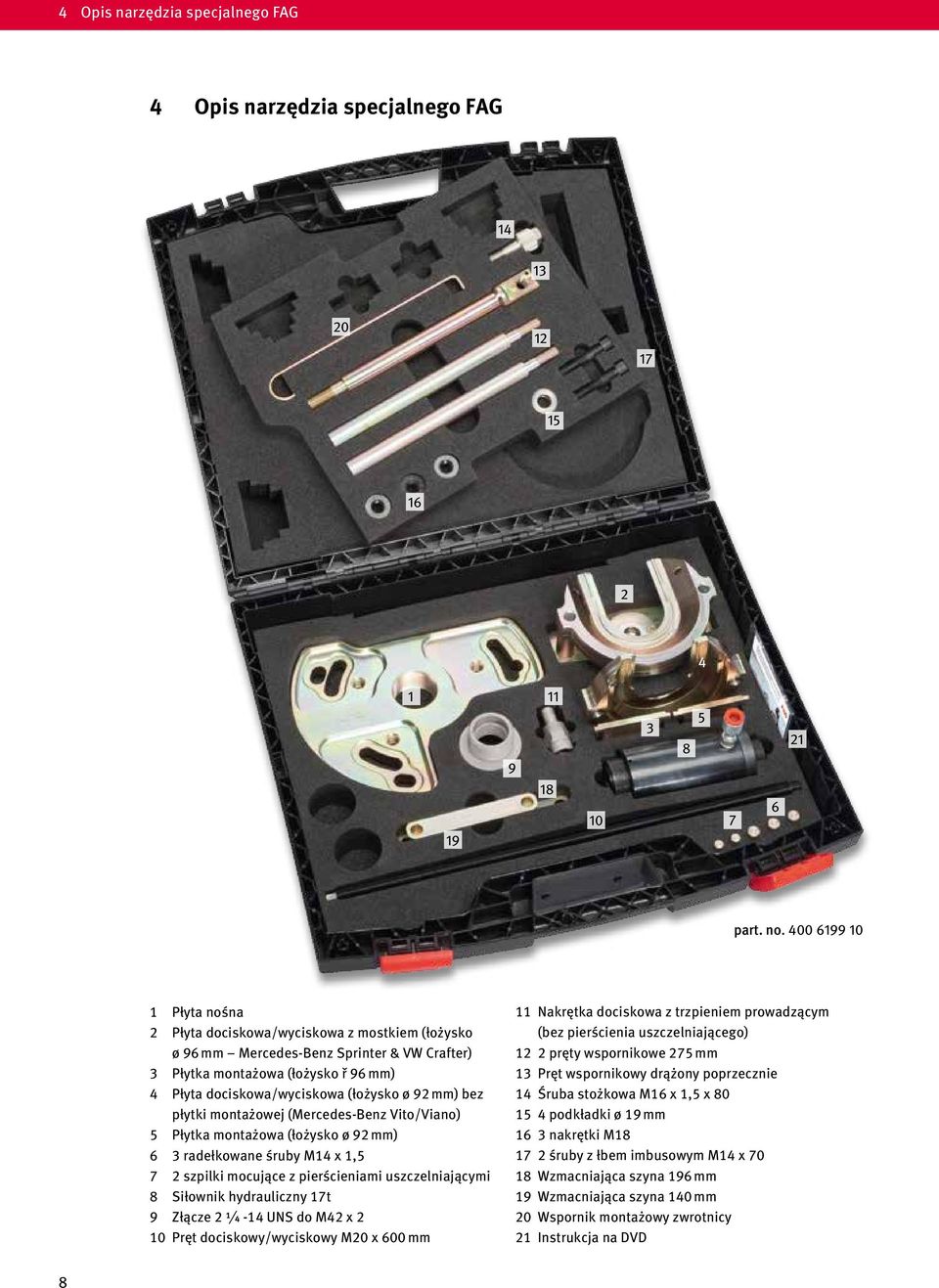 mm) bez płytki montażowej (Mercedes-Benz Vito/Viano) 5 Płytka montażowa (łożysko ø 92 mm) 6 3 radełkowane śruby M14 x 1,5 7 2 szpilki mocujące z pierścieniami uszczelniającymi 8 Siłownik hydrauliczny