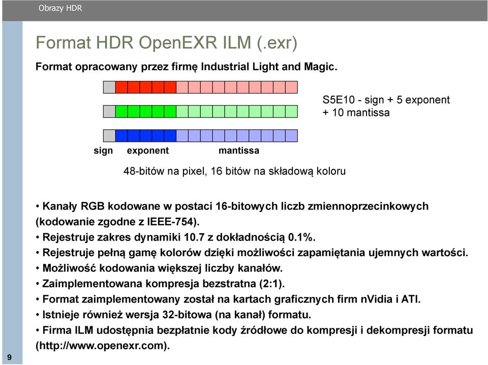 (kodowanie zgodne z IEEE-754). Rejestruje zakres dynamiki 10.7 z dokładnością 0.1%. Rejestruje pełną gamę kolorów dzięki możliwości zapamiętania ujemnych wartości.