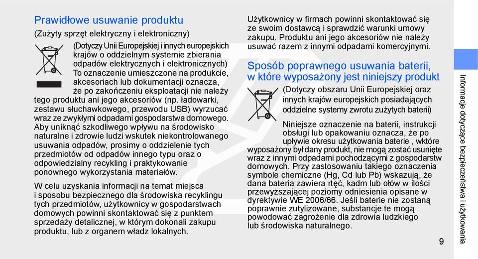 ładowarki, zestawu słuchawkowego, przewodu USB) wyrzucać wraz ze zwykłymi odpadami gospodarstwa domowego.