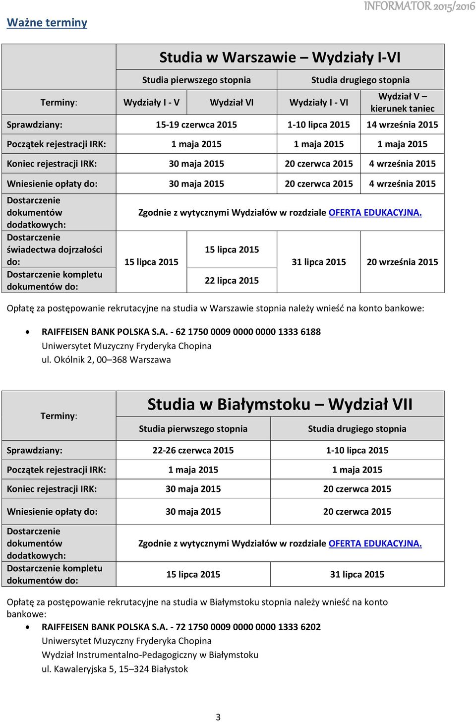 czerwca 2015 4 września 2015 Dstarczenie dkumentów Zgdnie z wytycznymi Wydziałów w rzdziale OFERTA EDUKACYJNA.
