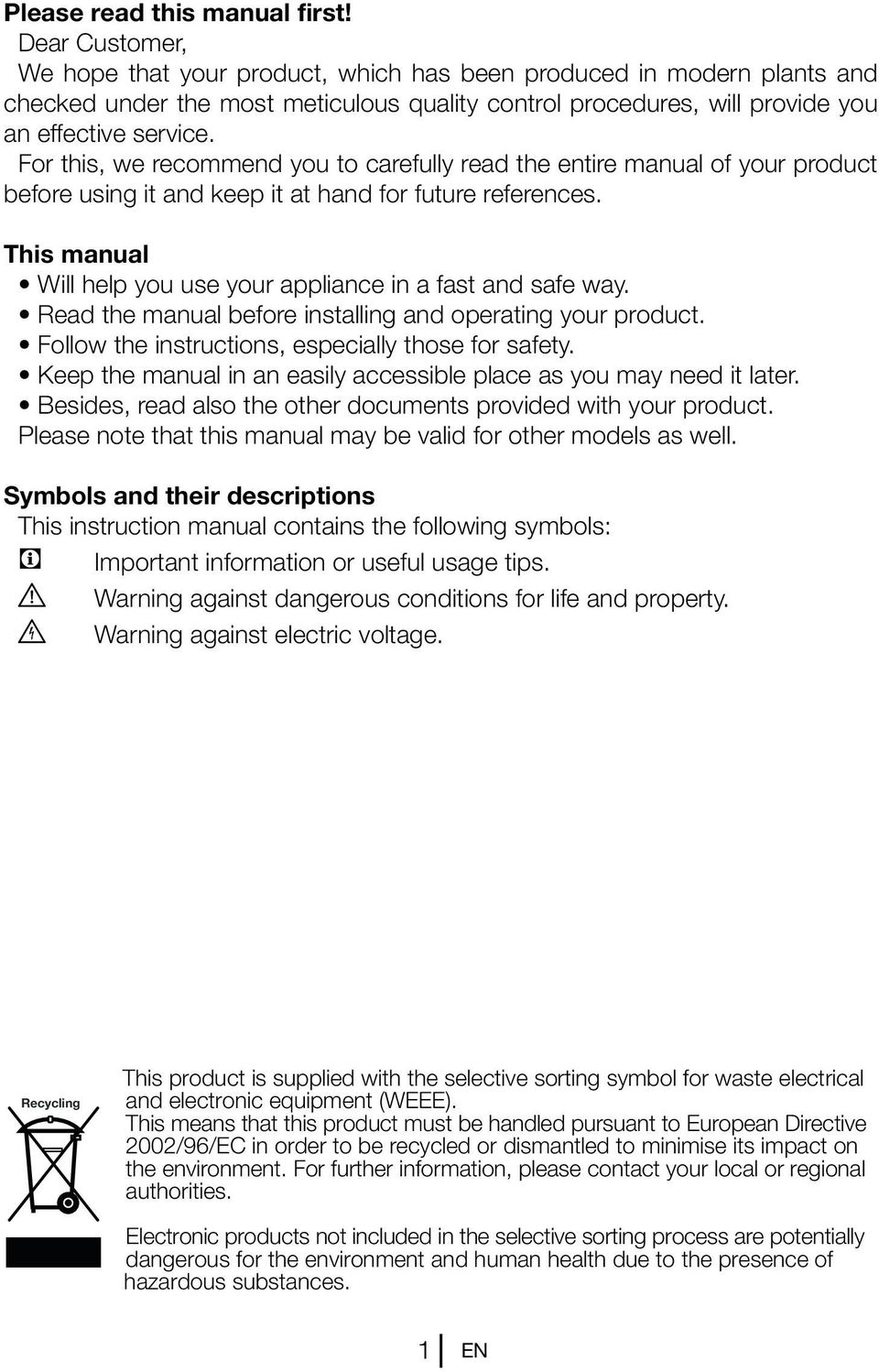 For this, we recommend you to carefully read the entire manual of your product before using it and keep it at hand for future references.
