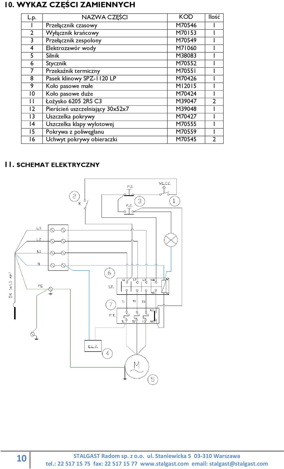 5 Silnik M38083 1 6 Stycznik M70552 1 7 Przekaźnik termiczny M70551 1 8 Pasek klinowy SPZ-1120 LP M70426 1 9 Koło pasowe małe M12015 1 10 Koło