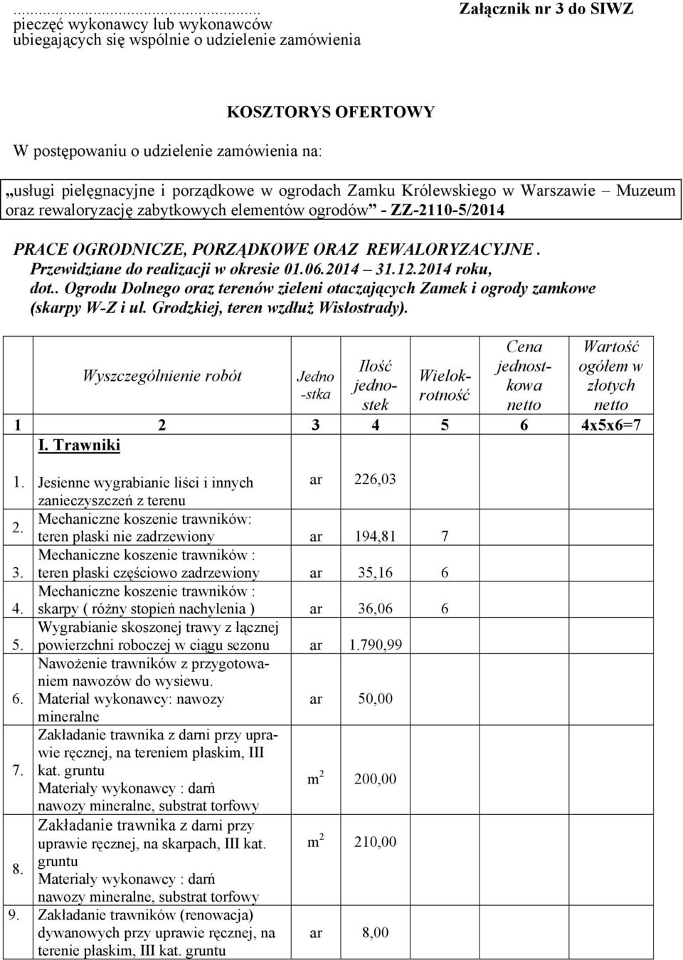 Przewidziane do realizacji w okresie 01.06.2014 31.12.2014 roku, dot.. Ogrodu Dolnego oraz terenów zieleni otaczających Zamek i ogrody zamkowe (skarpy W-Z i ul. Grodzkiej, teren wzdłuż Wisłostrady).