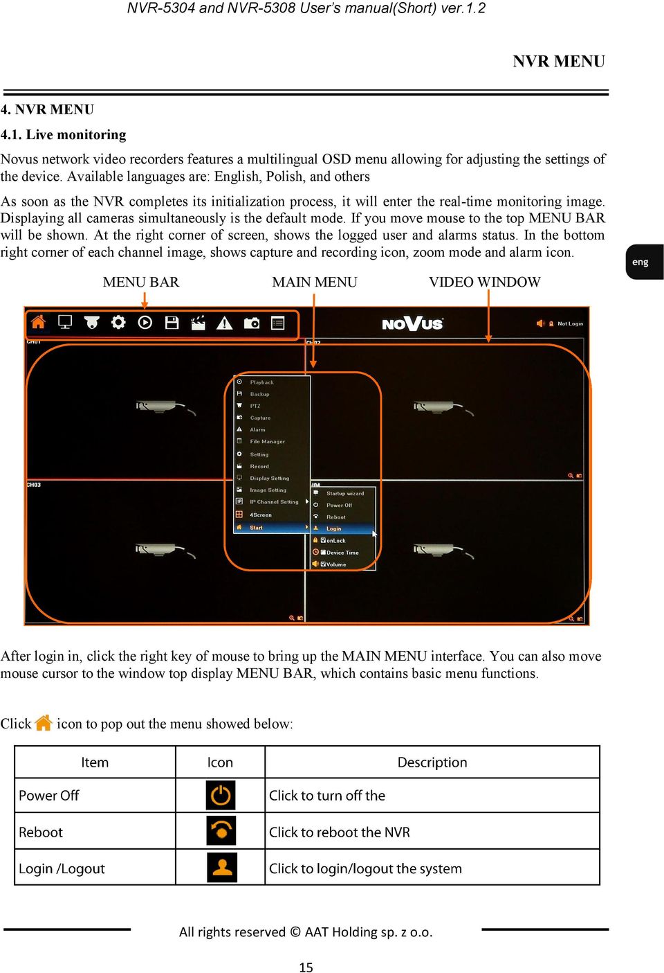 Displaying all cameras simultaneously is the default mode. If you move mouse to the top MENU BAR will be shown. At the right corner of screen, shows the logged user and alarms status.