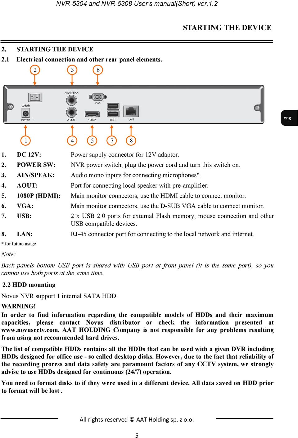AOUT: Port for connecting local speaker with pre-amplifier. 5. 1080P (HDMI): Main monitor connectors, use the HDMI cable to connect monitor. 6.