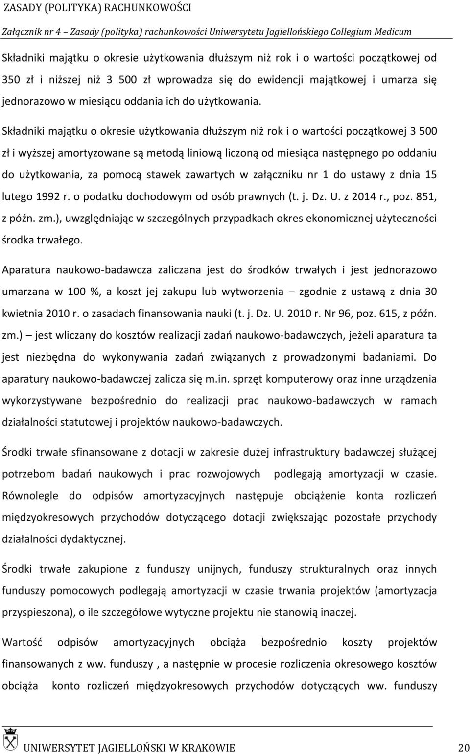 Składniki majątku o okresie użytkowania dłuższym niż rok i o wartości początkowej 3 500 zł i wyższej amortyzowane są metodą liniową liczoną od miesiąca następnego po oddaniu do użytkowania, za pomocą
