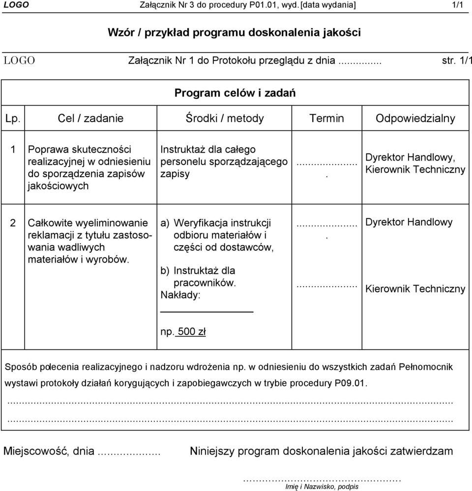 ... Dyrektor Handlowy, Kierownik Techniczny 2 Całkowite wyeliminowanie reklamacji z tytułu zastosowania wadliwych materiałów i wyrobów.