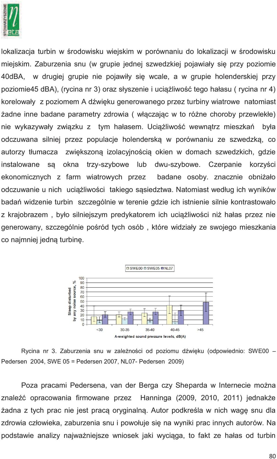 uciążliwość tego hałasu ( rycina nr 4) korelowały z poziomem A dźwięku generowanego przez turbiny wiatrowe natomiast żadne inne badane parametry zdrowia ( włączając w to różne choroby przewlekłe) nie