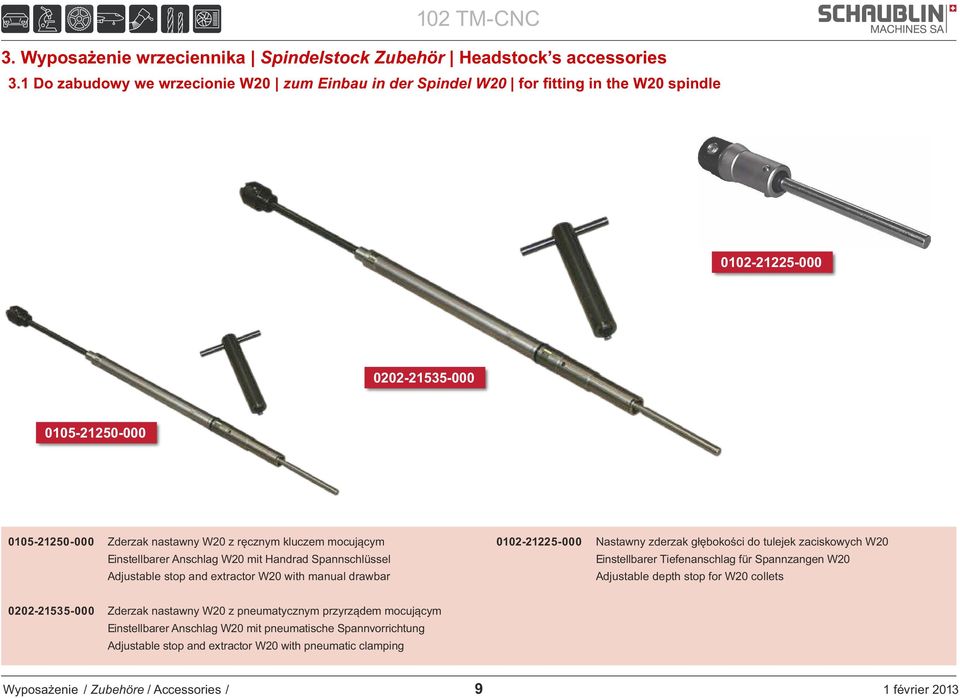 kluczem mocującym Einstellbarer Anschlag W20 mit Handrad Spannschlüssel Adjustable stop and extractor W20 with manual drawbar 0102-21225-000 Nastawny zderzak głębokości do tulejek