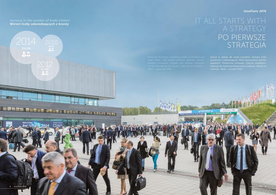 Inspiration for the international rail industry. Welcome to InnoTrans Berlin September 2016! Zawsze w dialogu dla naszej przyszłości. Rosnąca liczba wystawców i odwiedzających.