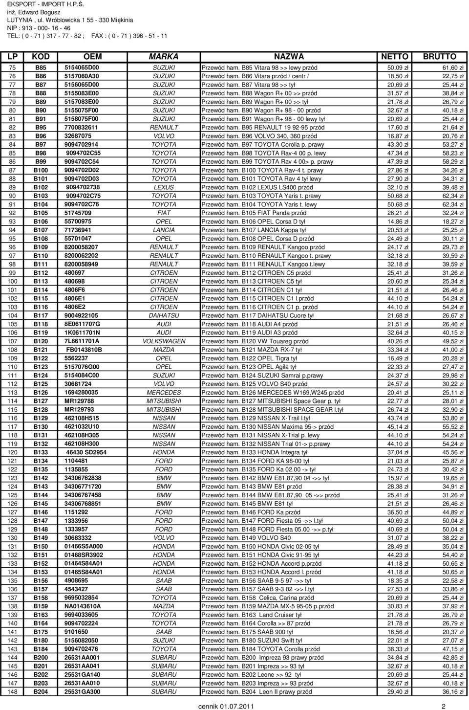 B88 Wagon R+ 00 >> przód 31,57 zł 38,84 zł 79 B89 5157083E00 SUZUKI Przewód ham. B89 Wagon R+ 00 >> tył 21,78 zł 26,79 zł 80 B90 5155075F00 SUZUKI Przewód ham.