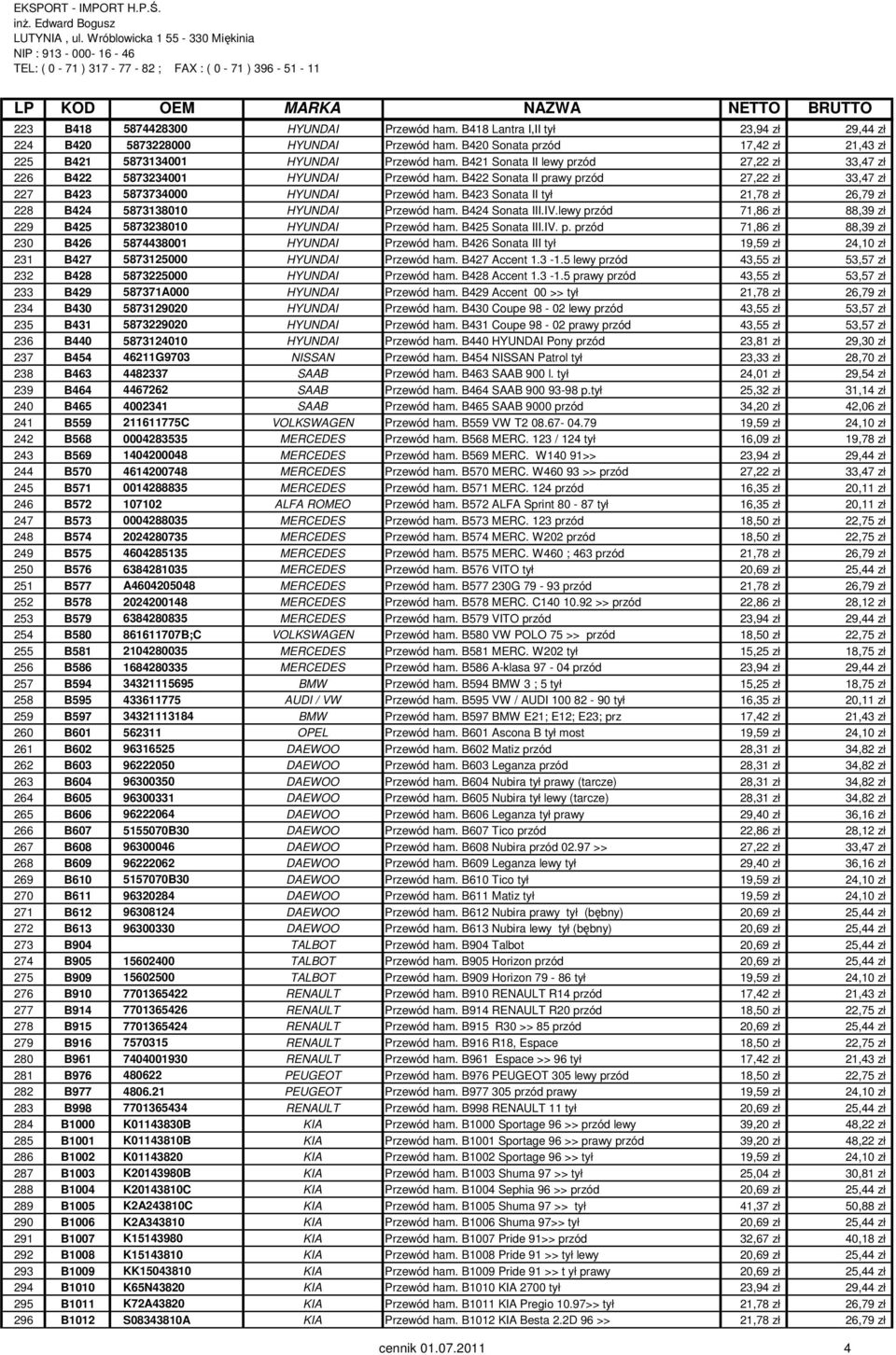 B423 Sonata II tył 21,78 zł 26,79 zł 228 B424 5873138010 HYUNDAI Przewód ham. B424 Sonata III.IV.lewy przód 71,86 zł 88,39 zł 229 B425 5873238010 HYUNDAI Przewód ham. B425 Sonata III.IV. p. przód 71,86 zł 88,39 zł 230 B426 5874438001 HYUNDAI Przewód ham.