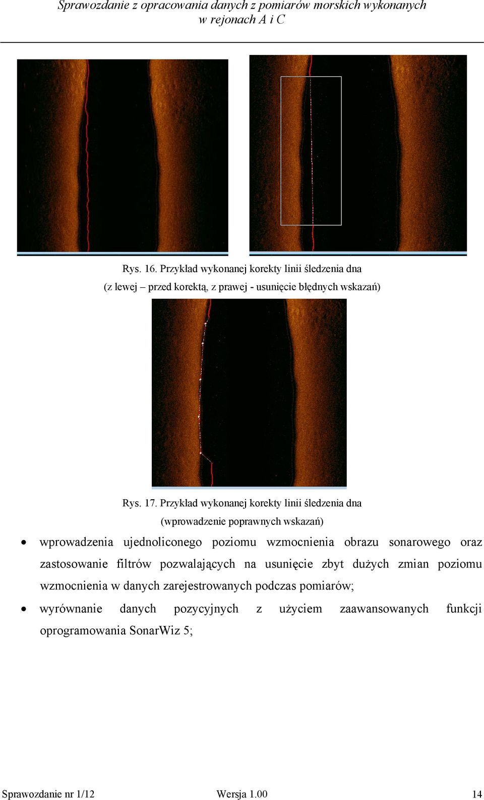obrazu sonarowego oraz zastosowanie filtrów pozwalających na usunięcie zbyt dużych zmian poziomu wzmocnienia w danych