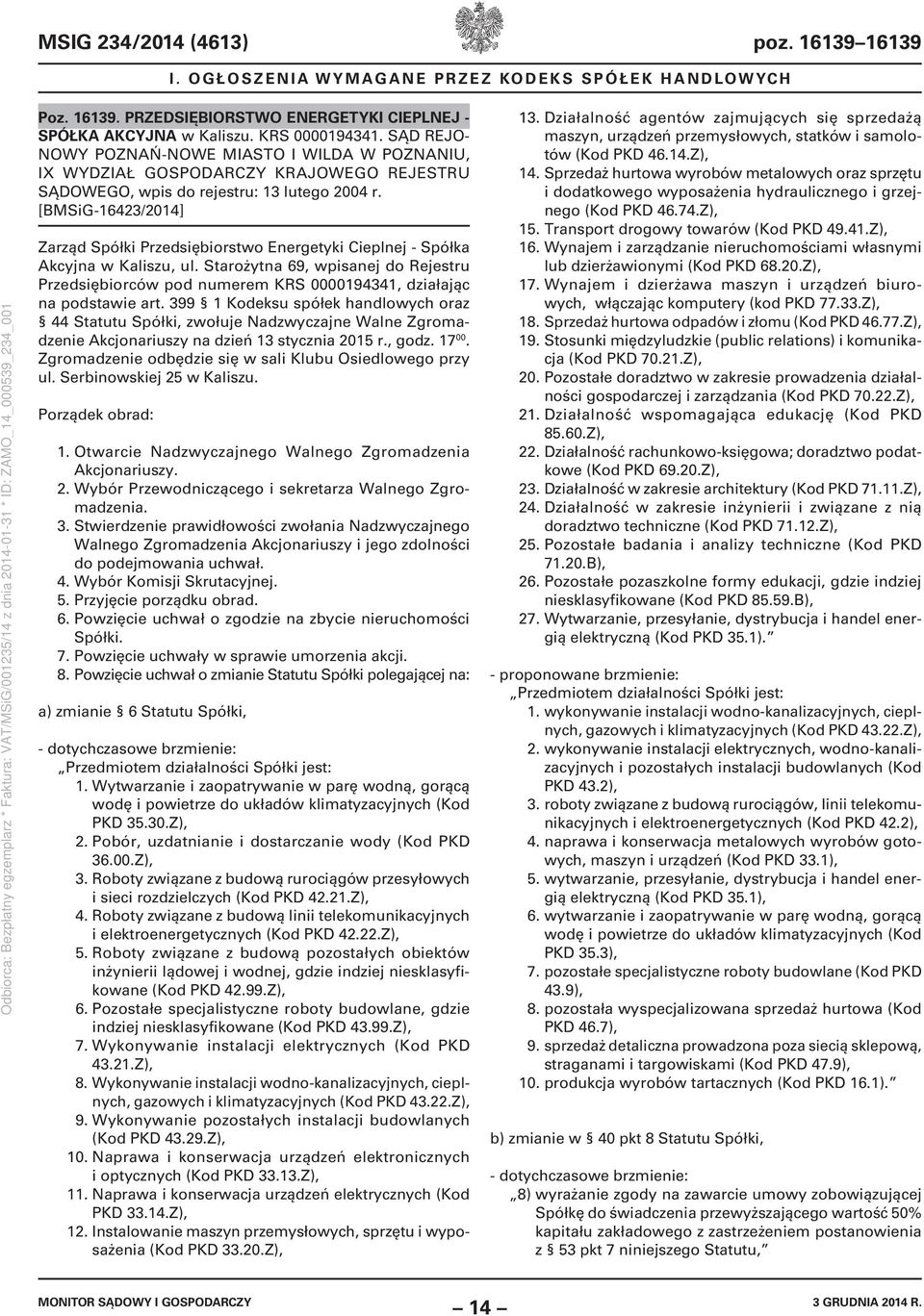 [BMSiG-16423/2014] Zarząd Spółki Przedsiębiorstwo Energetyki Cieplnej - Spółka Akcyjna w Kaliszu, ul.