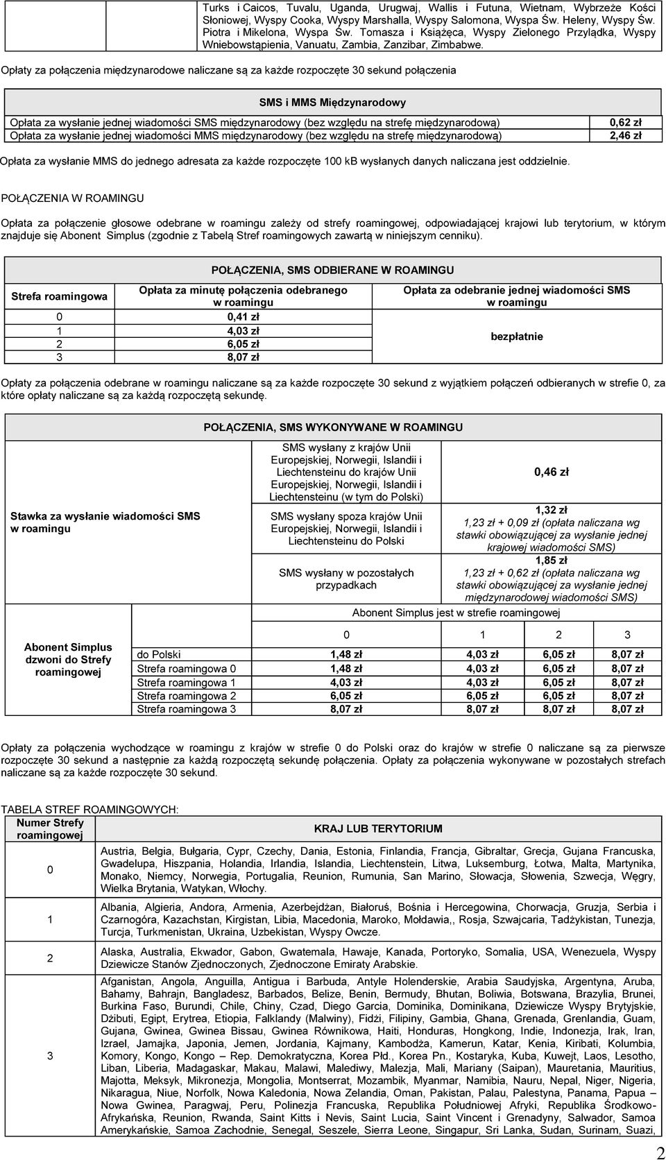 Opłaty za połączenia międzynarodowe naliczane są za każde rozpoczęte 30 sekund połączenia SMS i MMS Międzynarodowy za wysłanie jednej wiadomości SMS międzynarodowy (bez względu na strefę