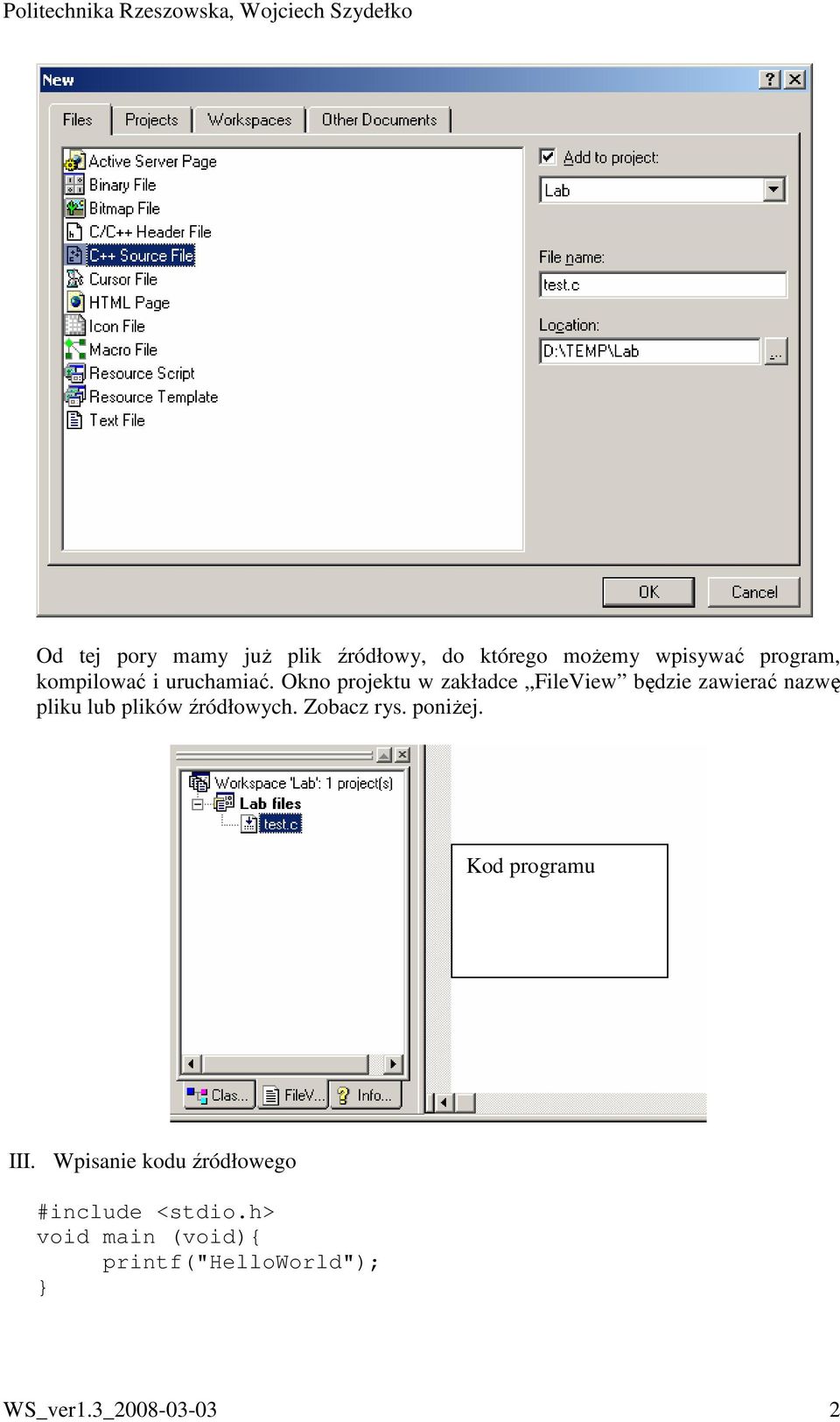Okno projektu w zakładce FileView będzie zawierać nazwę pliku lub plików