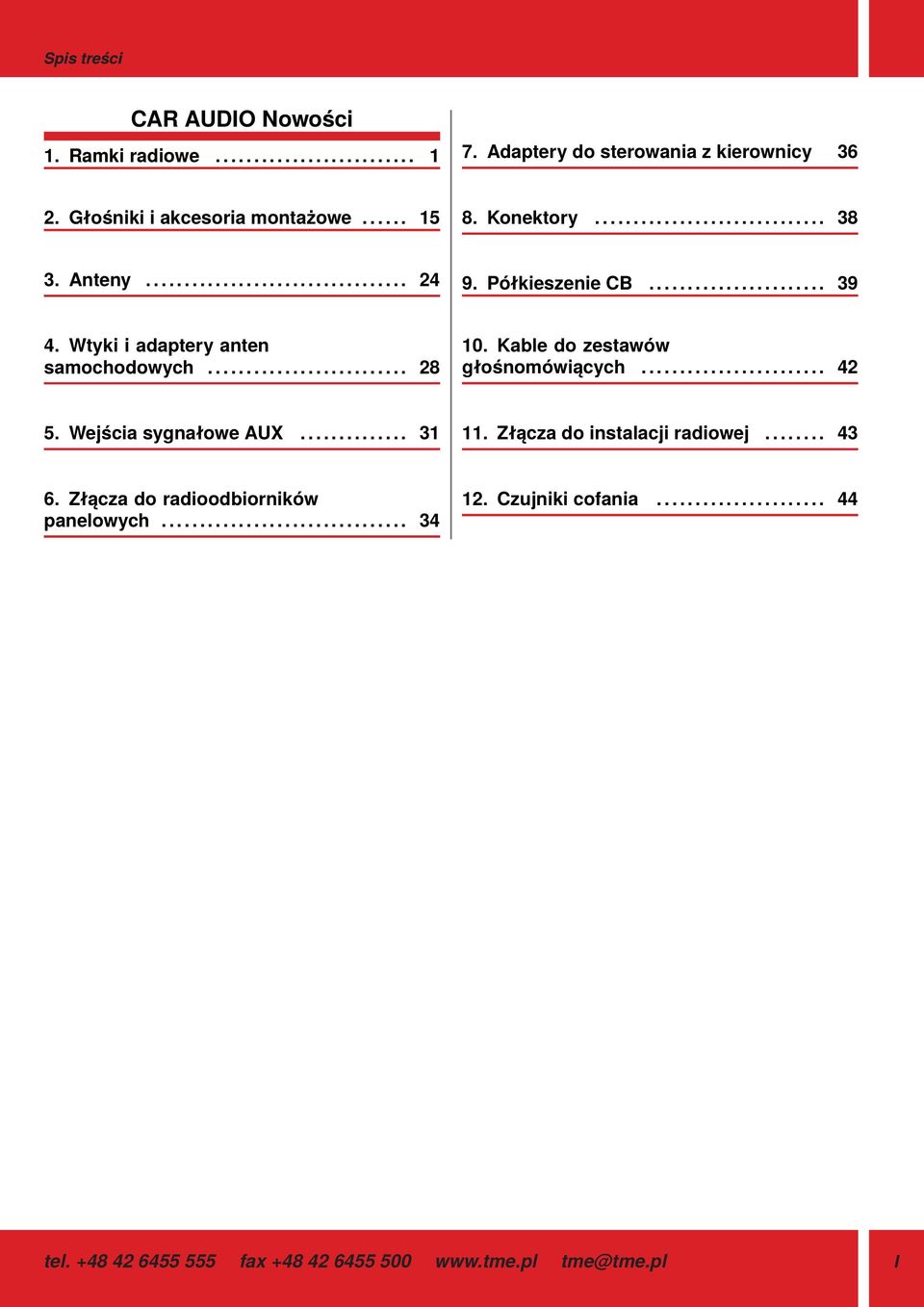 Kable do zestawów głośnomówiących........................ 42. 5. Wejścia sygnałowe AUX.............. 31. 11. Złącza do instalacji radiowej........ 43. 6.