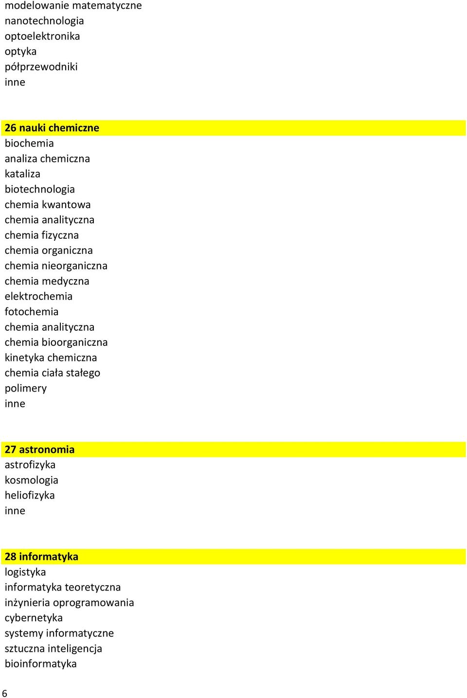 fotochemia chemia analityczna chemia bioorganiczna kinetyka chemiczna chemia ciała stałego polimery 27 astronomia astrofizyka kosmologia