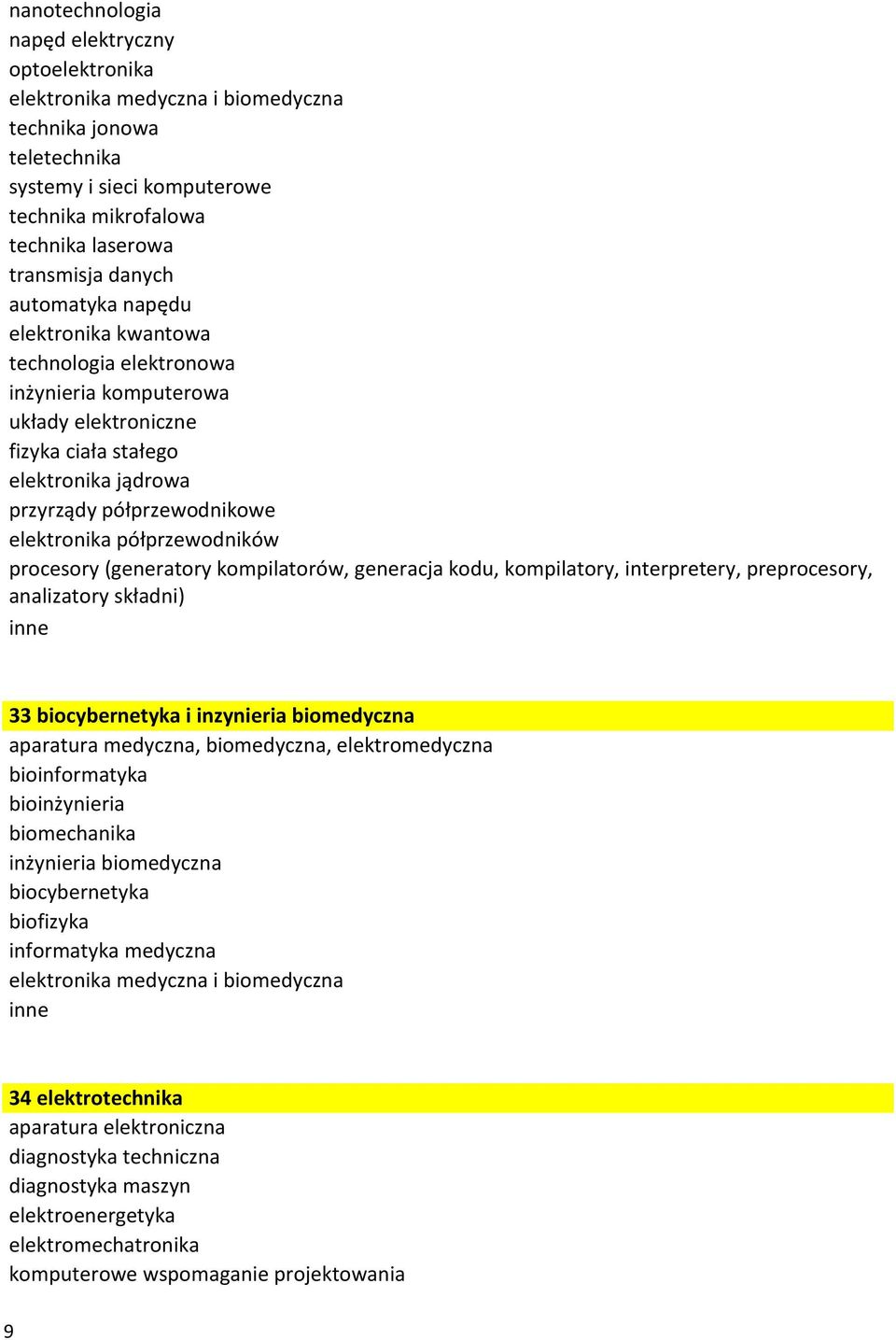 półprzewodników procesory (generatory kompilatorów, generacja kodu, kompilatory, interpretery, preprocesory, analizatory składni) 33 biocybernetyka i inzynieria biomedyczna aparatura medyczna,